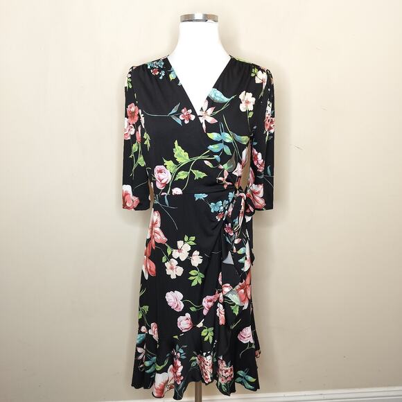 Kiyonna Floral Wrap Dress Stretchy Knit Ruffled - Picture 1 of 9